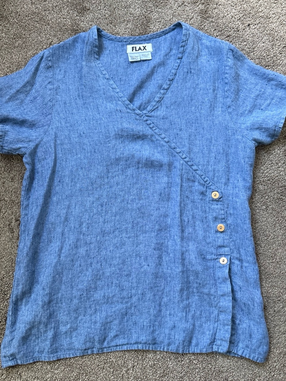 Flax Blue Linen Short Sleeve Wrap-Panel Top